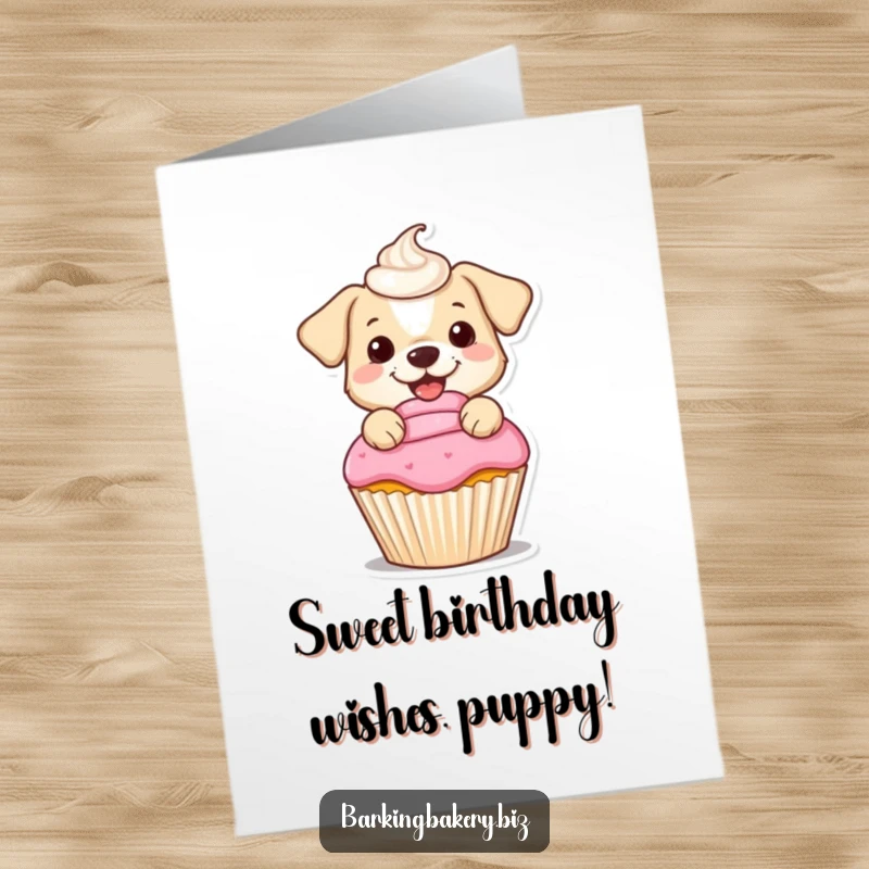 Funny free printable birthday card: a small dog cheerfully frosts a cupcake with a comical swirl of frosting, celebrating sweetness.