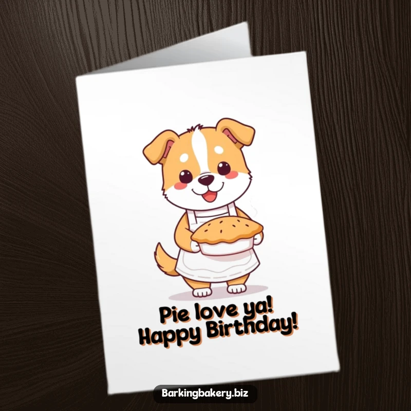 Funny Free Printable Birthday Card: Cute dog in apron proudly holds steaming pie, ready for a celebration.