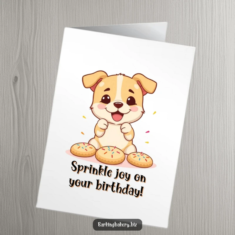 Funny Free Printable Birthday Card: Energetic dog joyfully covers freshly baked cookies with colorful sprinkles, pure delight.