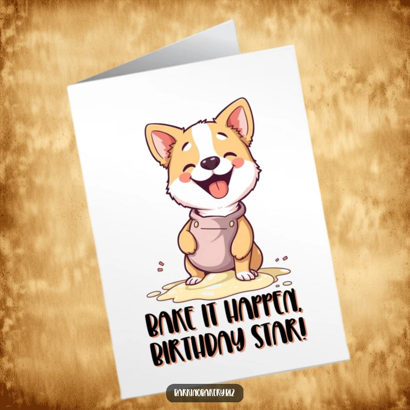 Funny Free Printable Happy Birthday Card: A goofy dog in an apron giggles while spilling batter, perfect for baking enthusiasts.