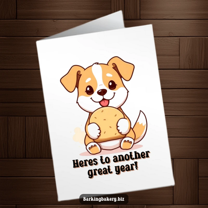 Funny Free Printable Birthday Card: Proud dog presents a perfectly golden, freshly baked loaf of bread with a happy smile.