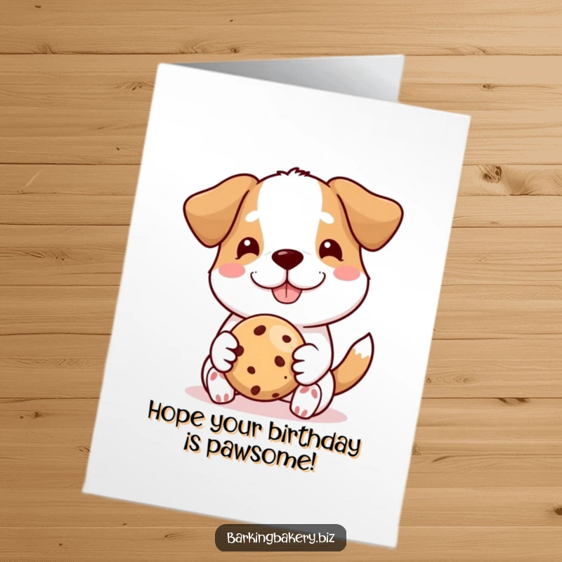 Funny Free Printable Birthday Card: A dog proudly offers a perfectly baked cookie with a big smile.