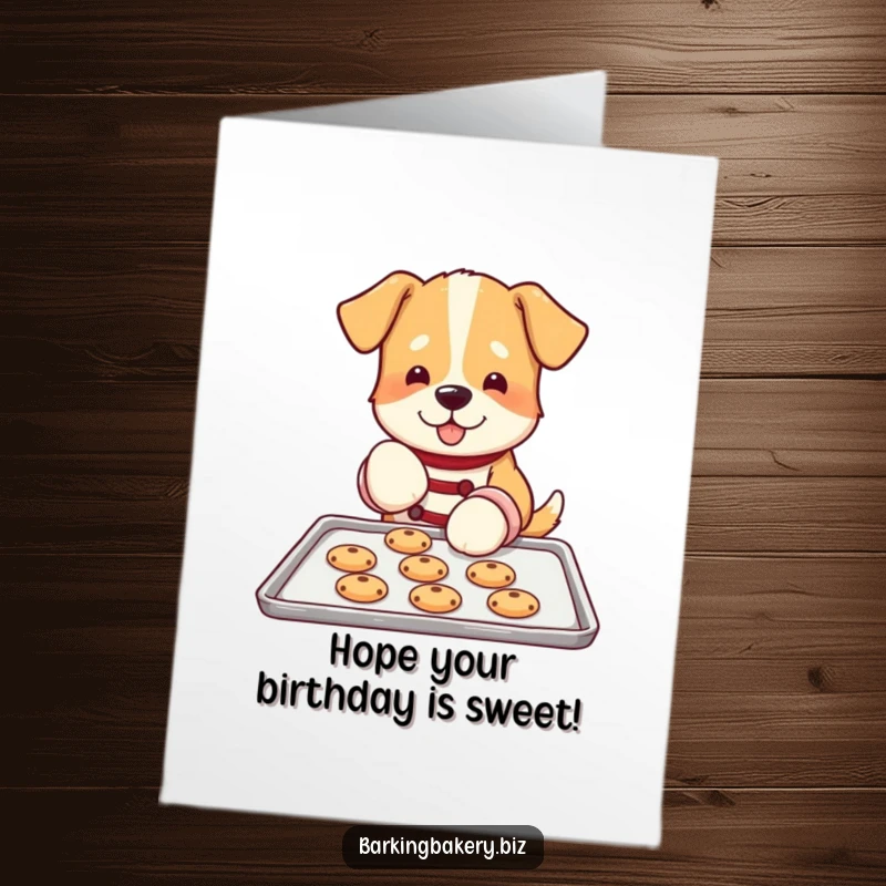 Funny Free Printable Birthday Card: Dog wearing oven mitts carefully places cookies on a baking sheet, baking birthday cheer.