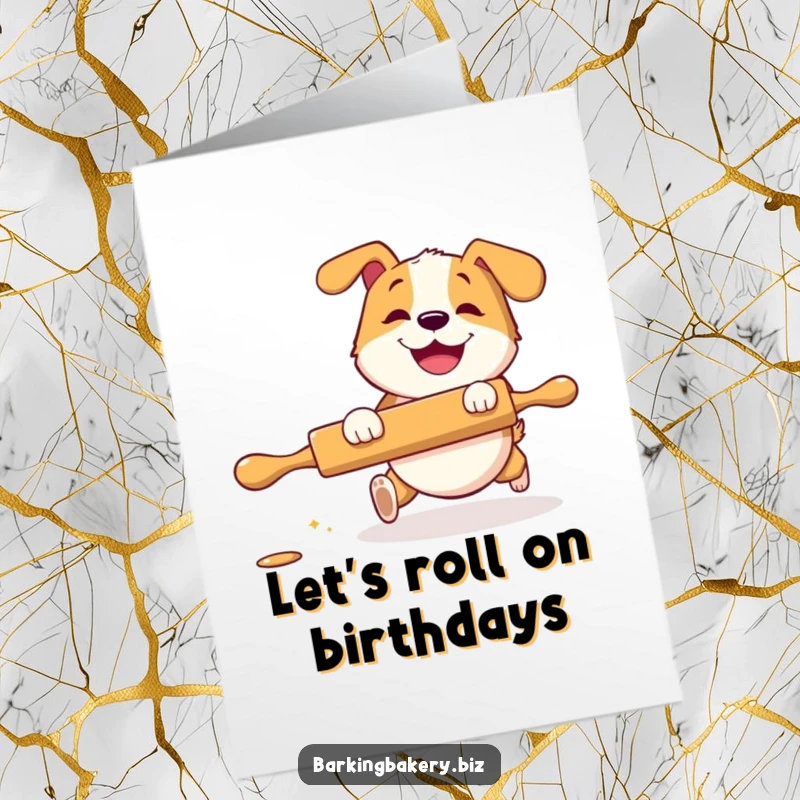 Funny Free Printable Birthday Card: A dog with a huge grin playfully chases a rolling pin, perfect for bakers.