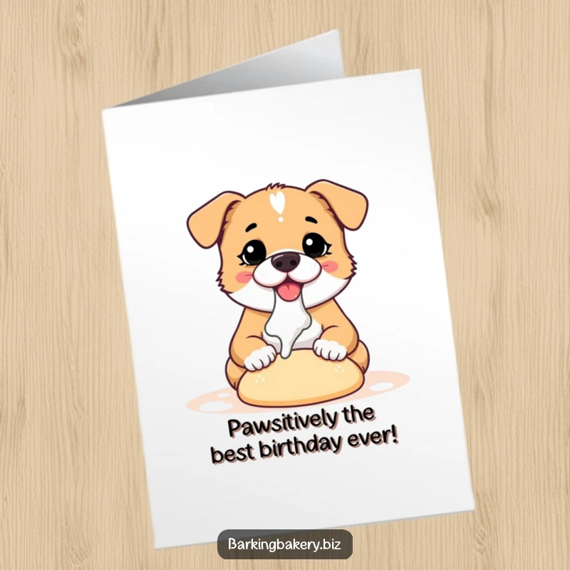 Funny Free Printable Birthday Card: Fluffy dog covered in flour joyfully kneading dough, ready to bake a smile.