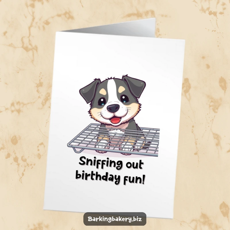 Funny Free Printable Birthday Card: Curious dog with flour on nose joyfully sniffs a cooling rack of baked goods.