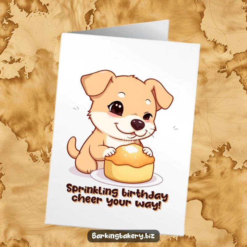 Funny free printable birthday card: a dog winking while sprinkling sugar onto a freshly baked pastry, looking mischievous.