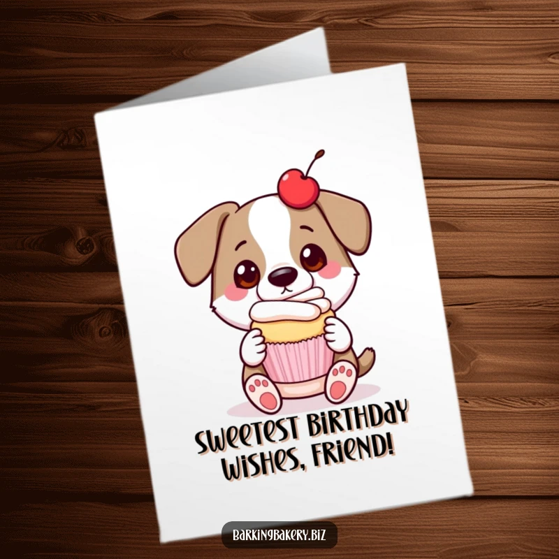 Funny free printable birthday card: a dog proudly holding a decorated cupcake with a cherry, looking very pleased.