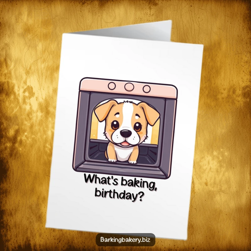 Funny Free Printable Birthday Card: A dog with curious eyes peeks into an oven, anticipating treats.