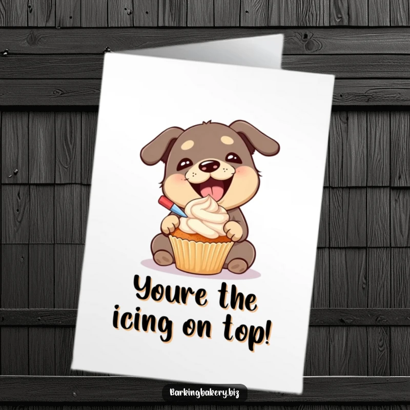 Funny Free Printable Birthday Card: Dog gleefully frosting a cupcake with a big happy expression, celebrating with dessert.
