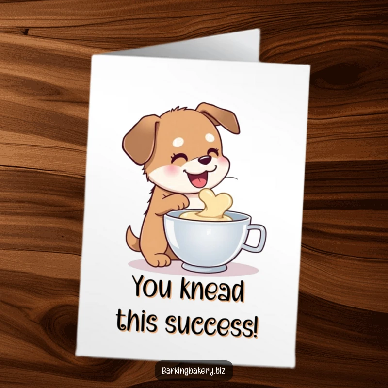 Free printable congratulations card: a dog with its tongue out, happily tasting batter from a mixing bowl, pure bliss.