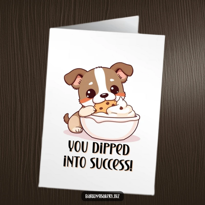 Funny Free Printable Congratulations Card featuring a happy dog taking a big cookie for a dive into a giant bowl of frosting.