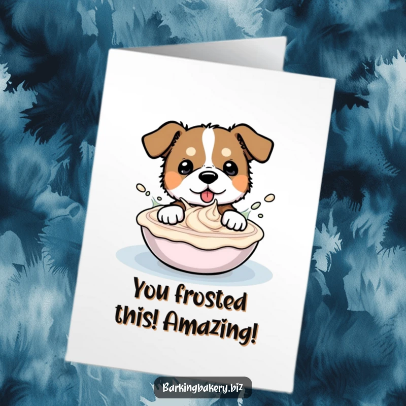 Funny Free Printable Congrats Card: a dog joyfully splashing in a bowl of frosting, a cute downloadable gift.