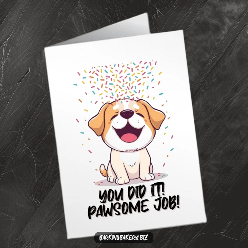 Funny Free Printable Congratulations Card showing a delighted dog covered in falling colorful sprinkles.