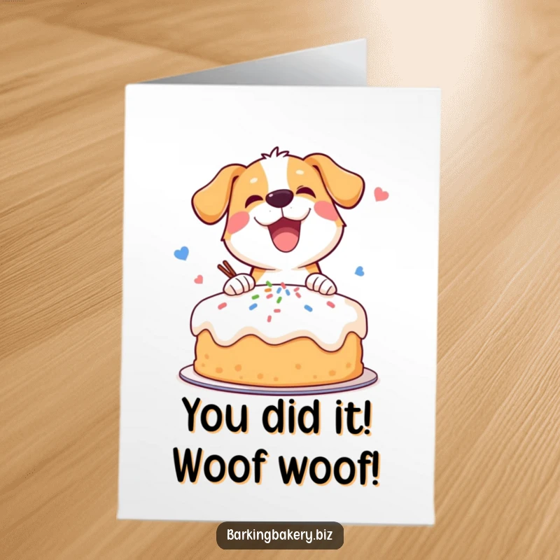 Funny Free Printable Congrats Card: a cheerful dog joyfully decorating a cake with sprinkles, ready to download.