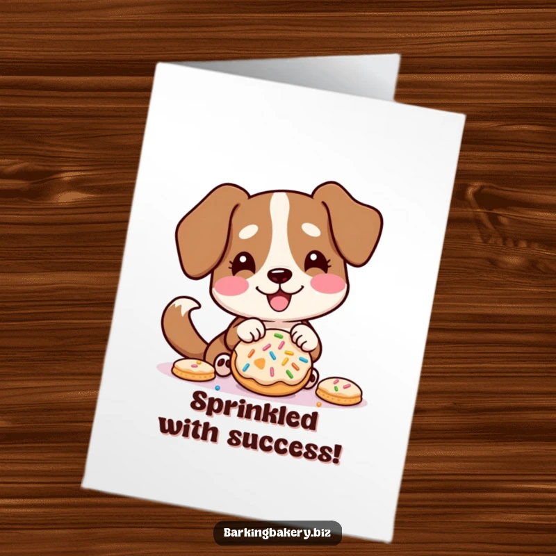 Funny Free Printable Congratulations Card: Dog with wagging tail eagerly placing sprinkles onto a freshly baked cookie.