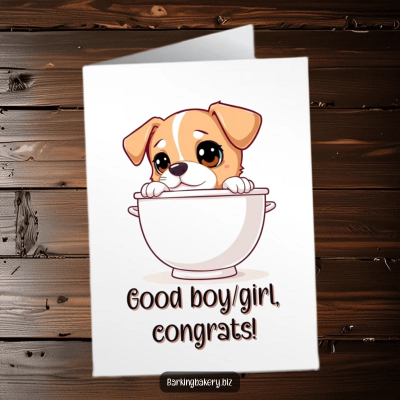 Funny Free Printable congratulations card: A dog peeks over a giant mixing bowl with curious eyes at your fantastic news. Get it!