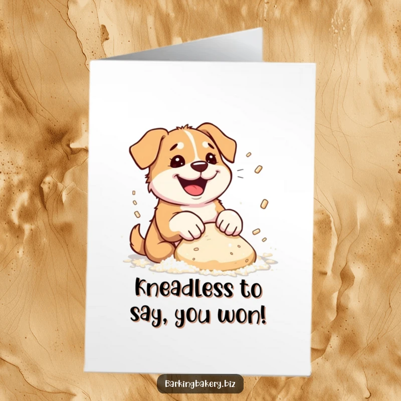 Funny Free Printable Congratulations Card depicting a dog joyfully kneading dough with flour flying around.