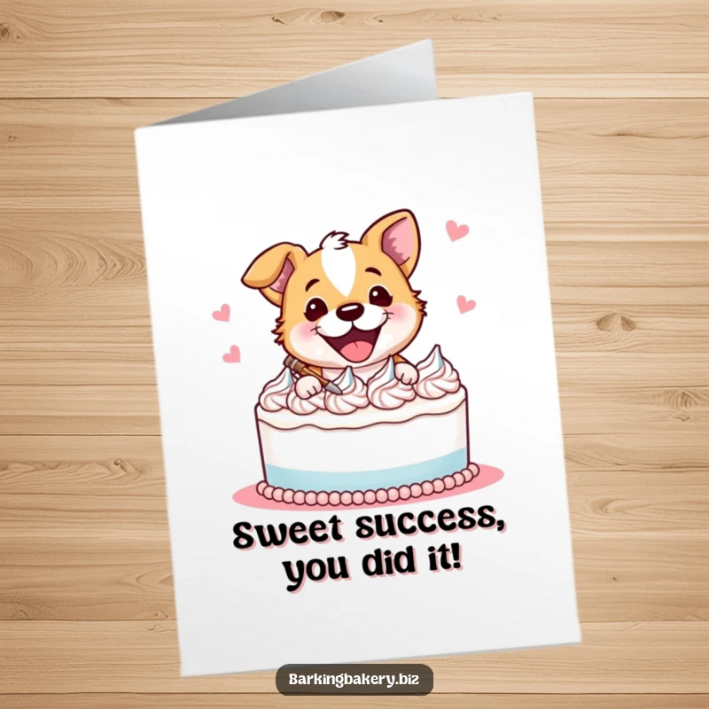 Funny Free Printable Congrats Card: A dog joyfully decorating a cake with colorful frosting swirls, looking proud.