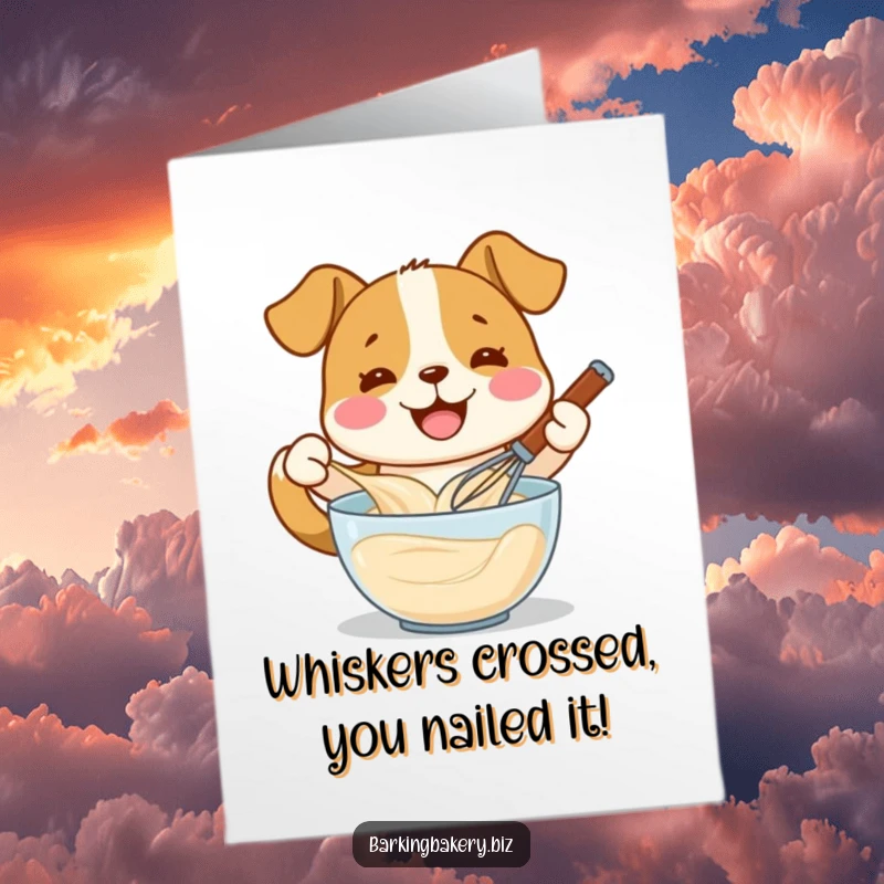 Funny Free Printable Congratulations Card: Happy dog with a wide smile enthusiastically whisking batter in a bowl, DIY gift.