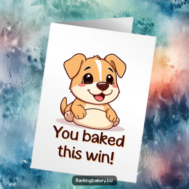 Funny Free Printable Congrats Card: A happy dog with flour on its nose joyfully works with dough, great for bakers.