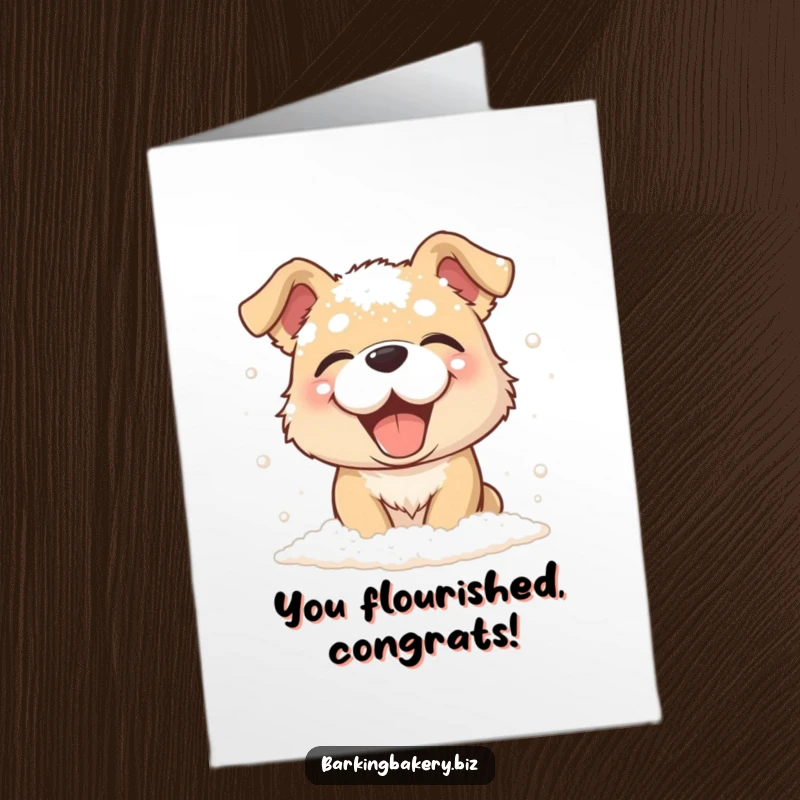 Funny Free Printable Congratulations Card: A dog giggling while covered in a dusting of flour, a cheerful DIY gift.