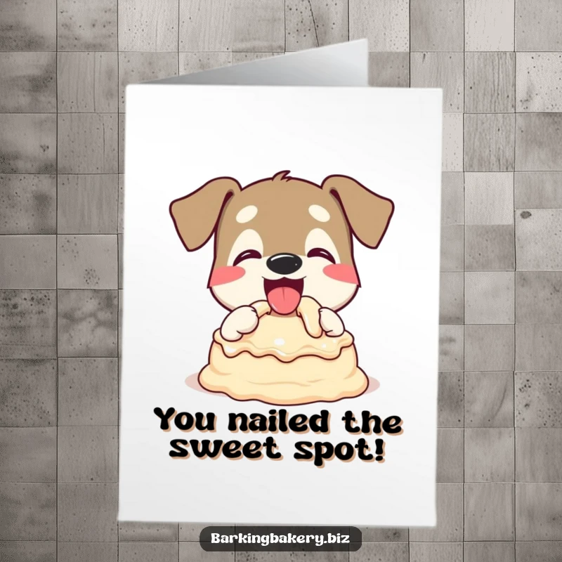 Funny Free Printable Congratulations Card showing a dog enthusiastically tasting cake batter with a happy wag.