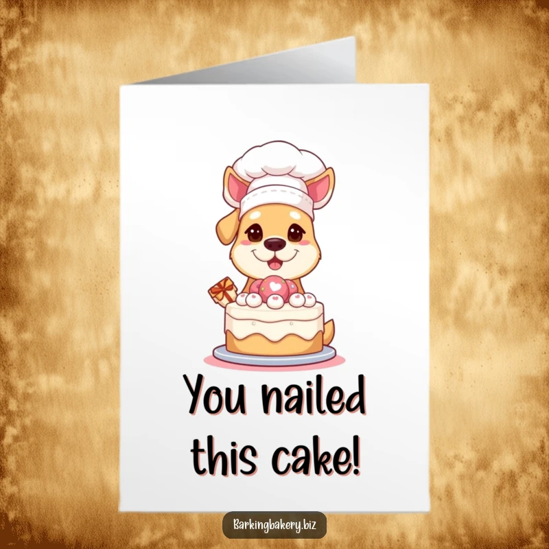 Funny Free Printable Congrats Card: A dog in a chef hat proudly presents a cake, ideal for any celebration.