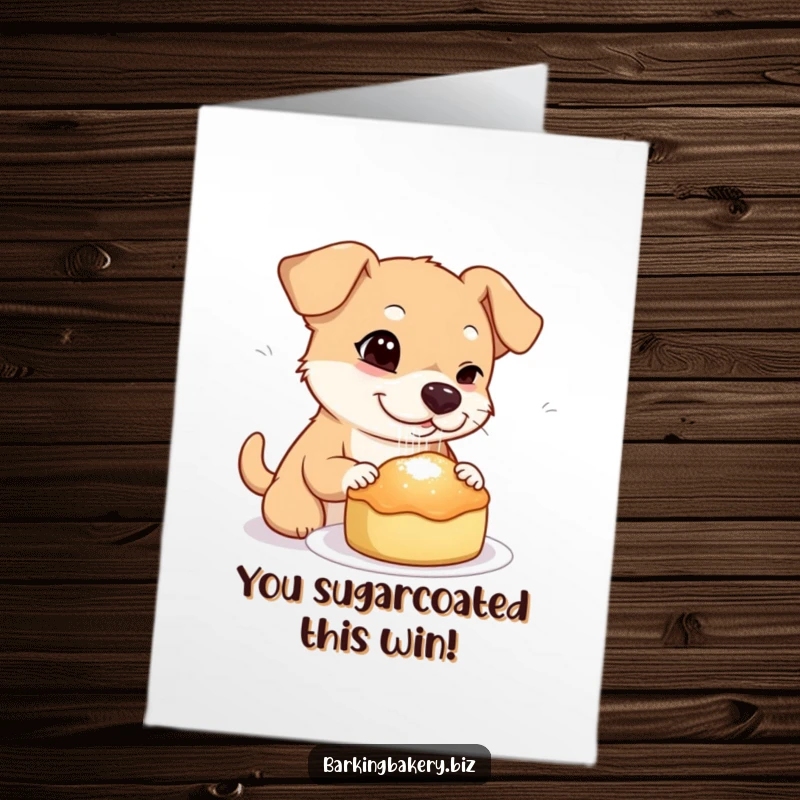 Free printable congratulations card: a dog winks while playfully sprinkling sugar onto a baked treat, adding a special touch.