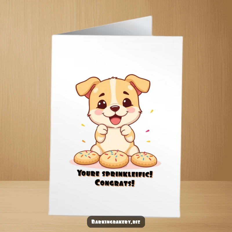 Funny Free Printable Congratulations Card: Excited dog gleefully decorating cookies, showering them with colorful sprinkles for a big win.