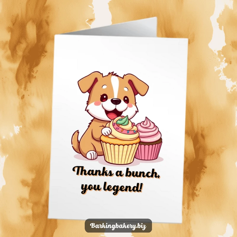 Funny Free Printable Thank You Card: Dog proudly presents a decorated cupcake, a tasty token of appreciation.