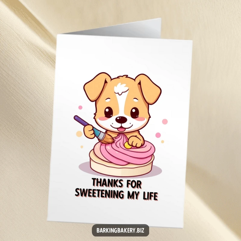 Funny Free Printable Thank You Card of a dog creating a colorful frosting swirl with a paintbrush.