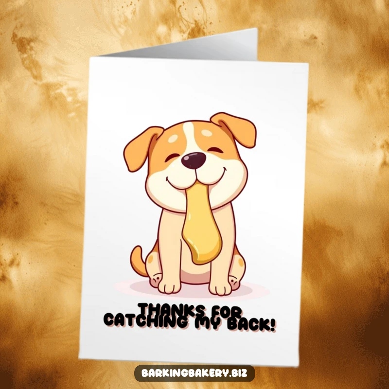 Funny free printable thank you card: dog catching a pastry with its mouth, expressing playful gratitude and joy.