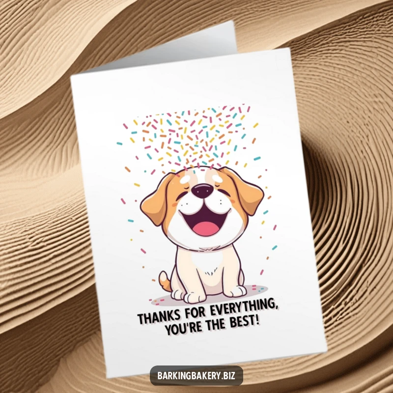 Funny Free Printable Thank You Card with a happy dog joyfully receiving a cascade of sprinkles.