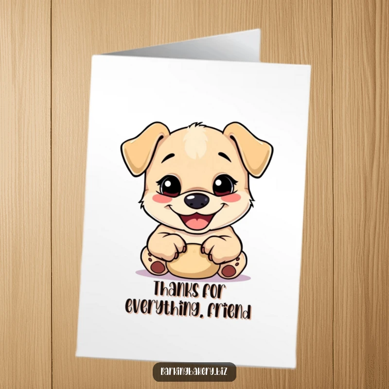 Funny Free Printable Thank You Card: A joyful puppy with a wide grin kneading dough with its small paws, showing appreciation.