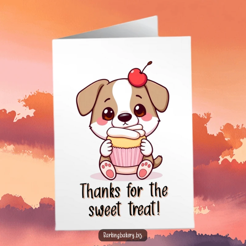 Funny free printable thank you card: a dog proudly presenting a cupcake with a cherry, conveying cheerful thanks.