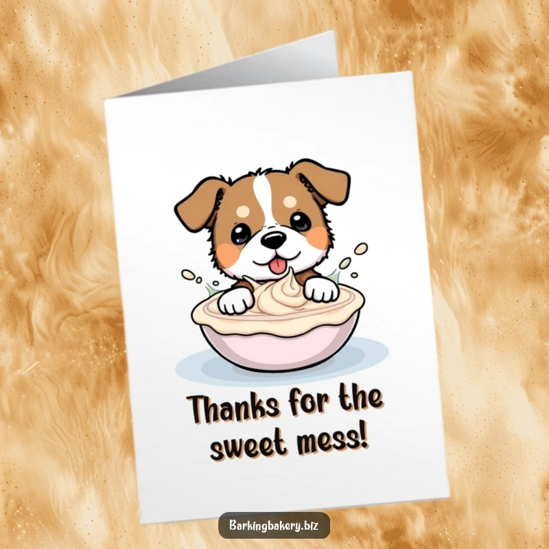Funny Free Printable Thank You Card: a dog playfully splashing in a bowl of frosting, a charming downloadable gift.