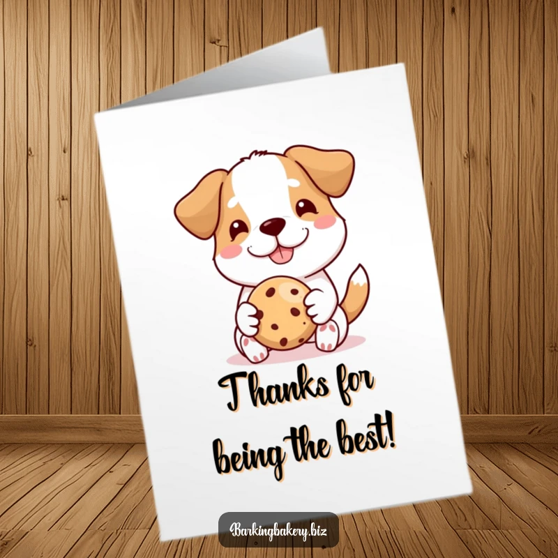 Funny Free Printable Thank You Card: A dog offers a perfectly shaped cookie with an immense smile.