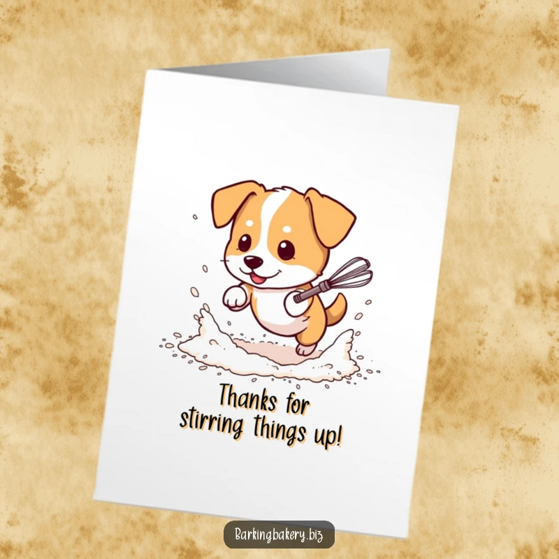 Funny Free Printable Thank You Card: A dog covered in flour playfully chases a dancing whisk.