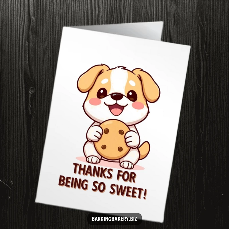 Funny Free Printable Thank You Card: A happy kawaii dog offers a perfect cookie, symbolizing sweet gratitude and thanks.
