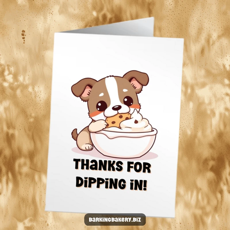 Funny Free Printable Thank You Card of a dog dipping a scrumptious cookie into an enormous bowl filled to the brim with creamy frosting.