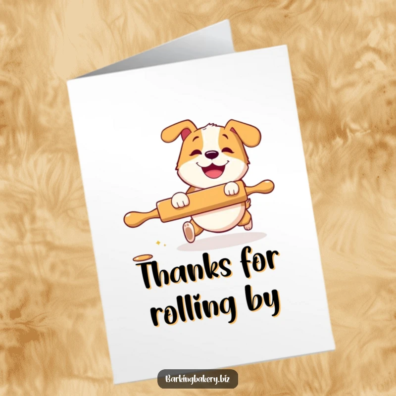 Funny Free Printable Thank You Card: A dog joyfully chases a rolling pin, symbolizing playful gratitude.
