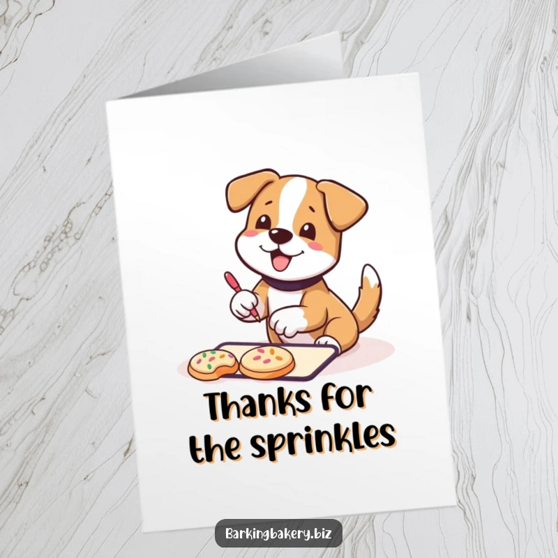 Funny Free Printable Thank You Card: A dog wags its tail while decorating cookies with sprinkles, a sweet gesture.