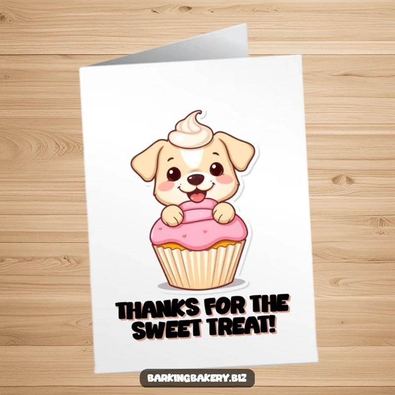 Funny free printable thank you card: a dog cheerfully adds frosting to a cupcake, a sweet and humorous way to say thanks.