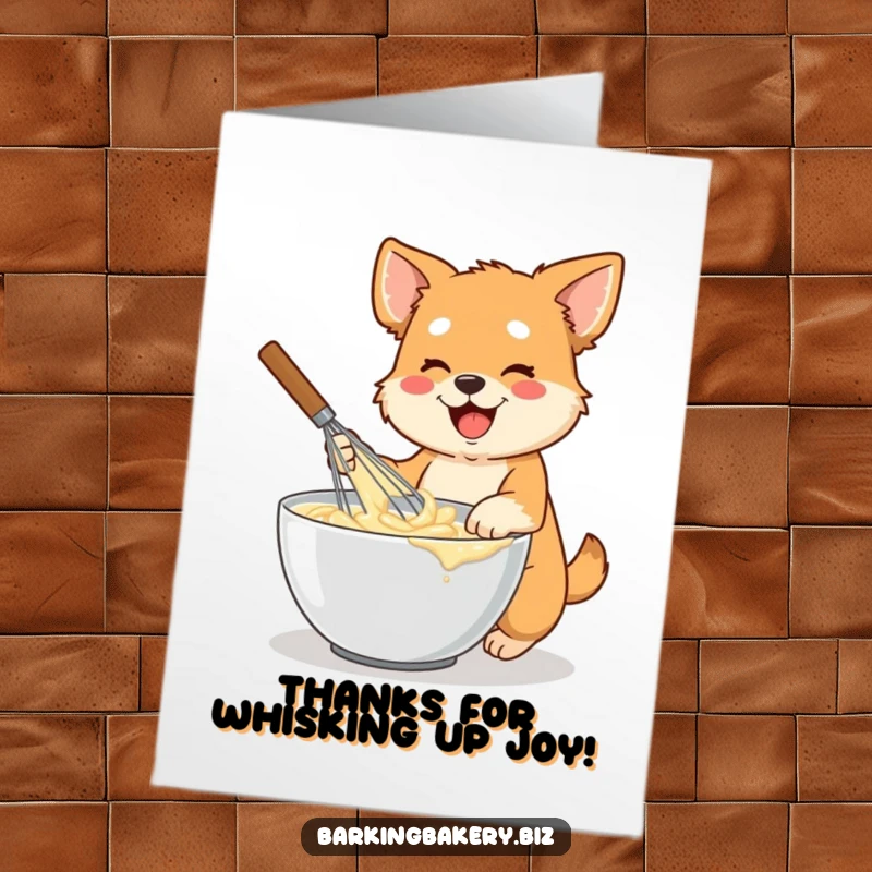 Funny Free Printable Thank You Card: Dog energetically mixing batter in a bowl with a large whisk, sending thanks.