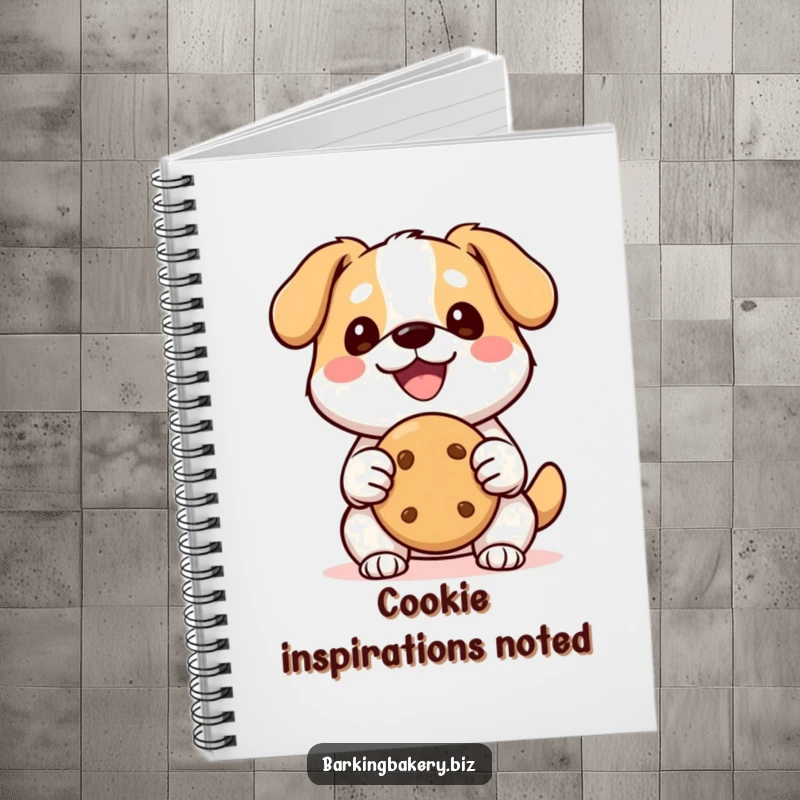Funny Kawaii Dog Notebook: A happy kawaii dog smiles and holds a perfect cookie, great for jotting down sweet ideas.