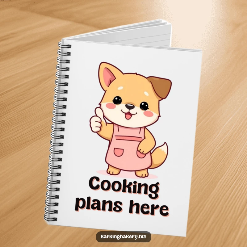 Funny dog notebook featuring a puppy in an apron giving a thumbs up, perfect for writing recipes and notes.