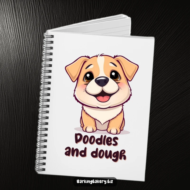 Funny Notebook: A dog with flour on its nose wiggles happily, symbolizing creative messes and joyful ideas.