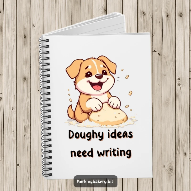 Funny dog notebook with a dog enthusiastically kneading dough, sending flour flying comically.