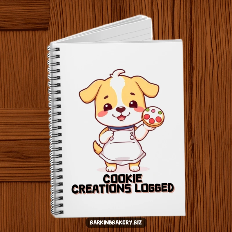 Funny dog in apron proudly displays a decorated cookie, adding a humorous touch to a baking notebook.